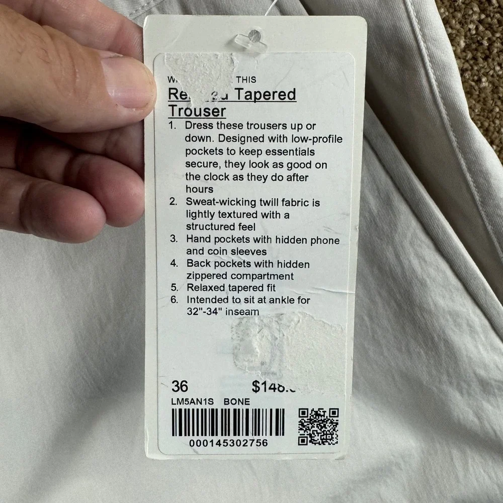 Lululemon Relaxed Tapered Trouser 36 Bone White LM5AN1S Mens Pants NWT